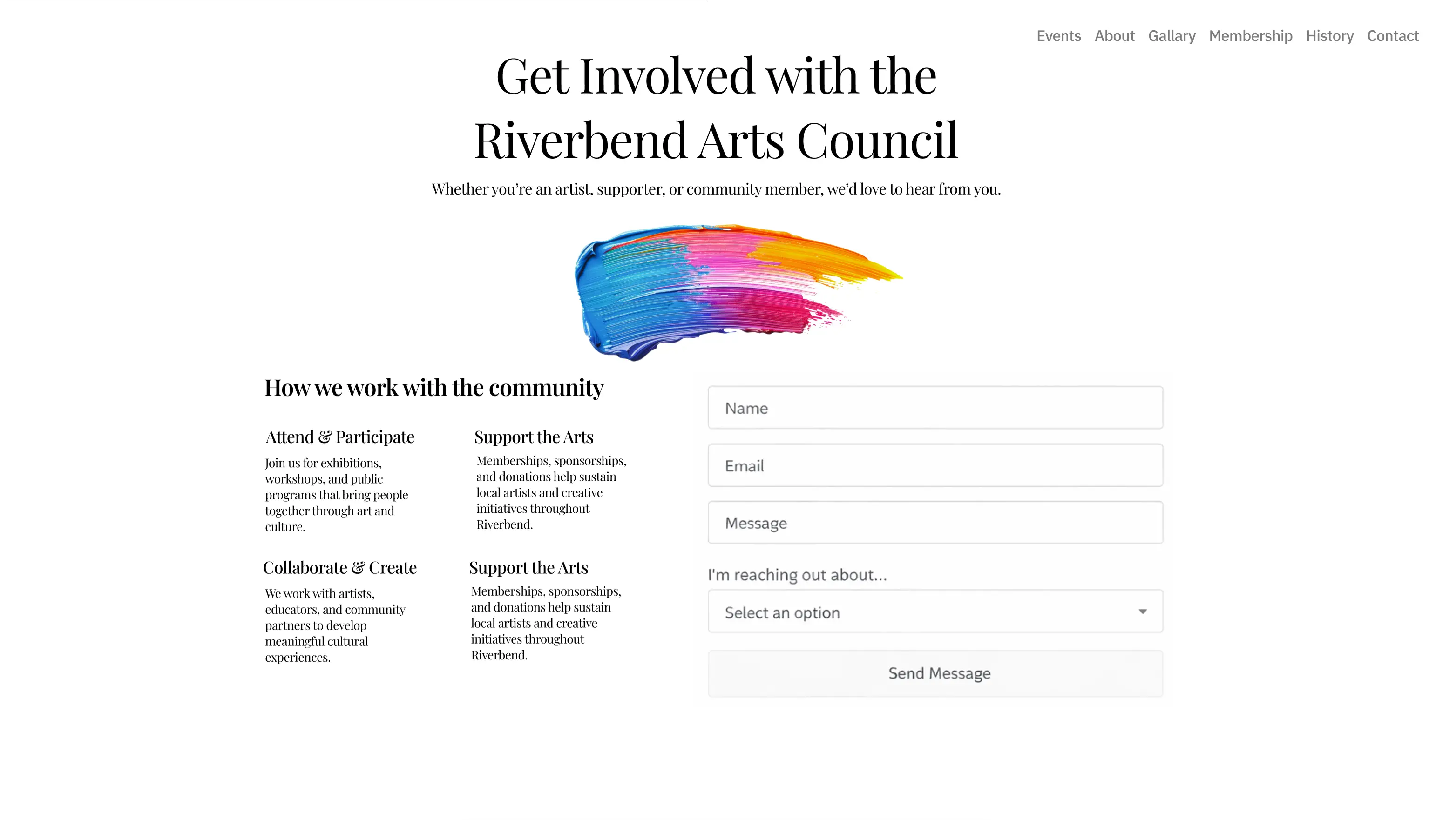 Riverbend Arts Council contact page design